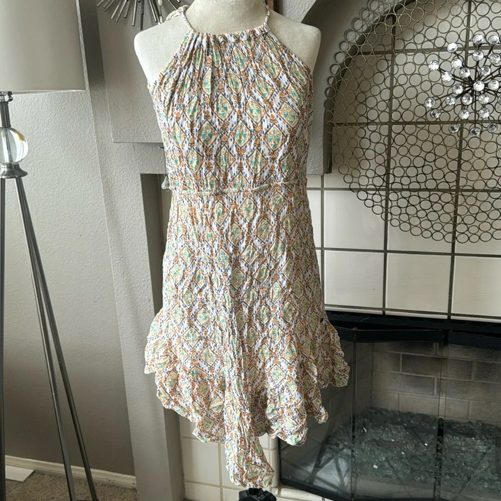 O'Neill Cream Multi-Color Backless Halter Dress
